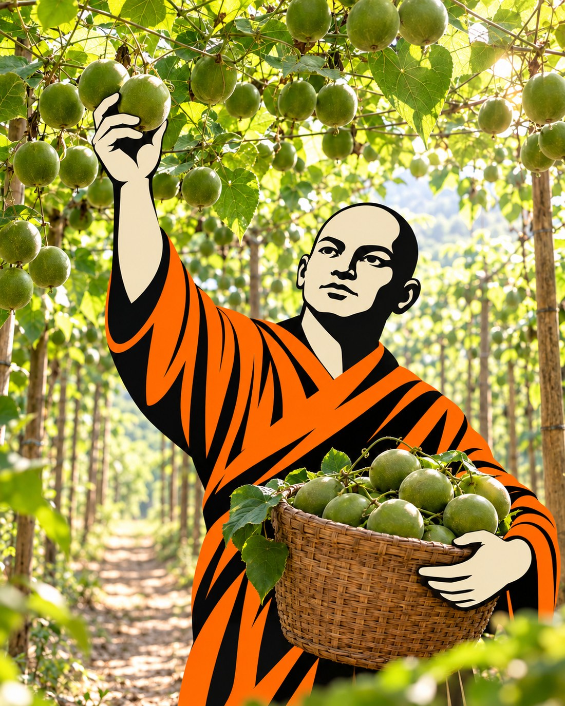 A monk in an orange robe picking monk fruit from the vine